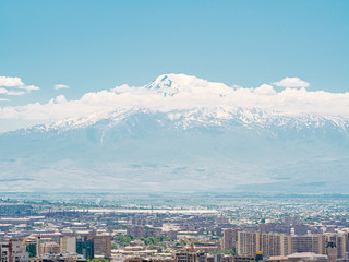 Biblical Mount Ararat photographed from top of Cascade in Yerevan