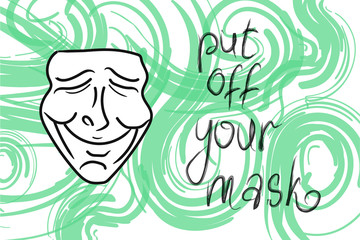 vector simple illustration with a mask augmented with positive inscription and wavy abstract ornament on the back.