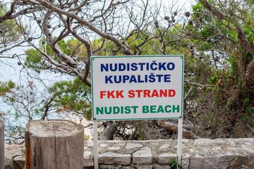 Nudist Beach sign on Lokrum Island Croatia