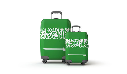 Saudi Arabia flag holiday destination suitcases isolated on white. 3D Render
