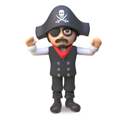 Sea captain pirate with eye patch and pirates skull and crossbones hat cheers with joy, 3d illustration