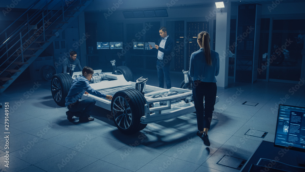 Poster Team of Automotive Engineers Working on Electric Car Platform Chassis, Taking Measures, working with 3D CAD Software, Analysing Efficiency. Vehicle Frame with Wheels, Engine and Battery.