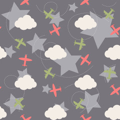 Vector seamless pattern with clouds and planes