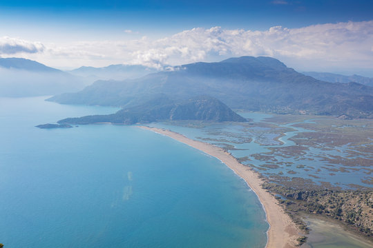 Panoramic view of iztuzu beach in Dalyan, Turkey