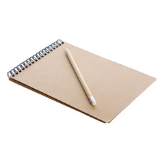 Brown notebook diary with pencil on white background isolation