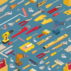Seamless pattern with isometric construction tools. Vector background.