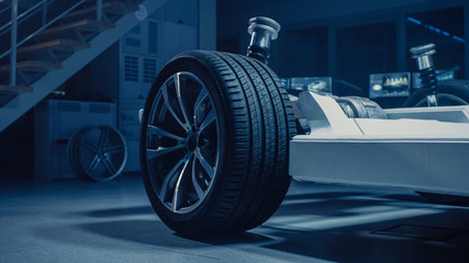 Shot of Automobile Concept: Authentic Electric Car Platform Chassis. Hybrid Frame Include: Wheels,...