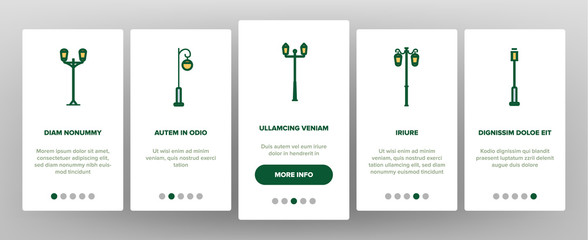 Street Lights Linear Vector Onboarding Mobile App Page Screen. Streetlights Thin Line Contour Symbols Pack. City Illumination. Old Fashioned Lantern, Lamp. Electricity Equipment Illustrations