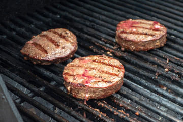 summer close up beef hamburger BBQ on a propane gas grill