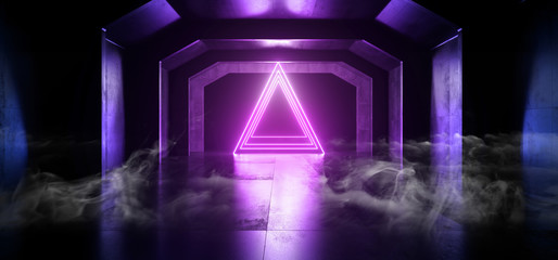 Smoke Sci Fi Future Neon Purple Blue Glowing Triangle Shape Empty Dark Spaceship Tunnel Underground Vibrant Lasers Shape Grunge Concrete Reflective Graphic Background 3D Rendering