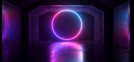 Sci Fi Future Neon Purple Blue Glowing Circle Shape Empty Dark Spaceship Tunnel Underground Vibrant Lasers Shape Grunge Concrete Reflective Graphic Background 3D Rendering