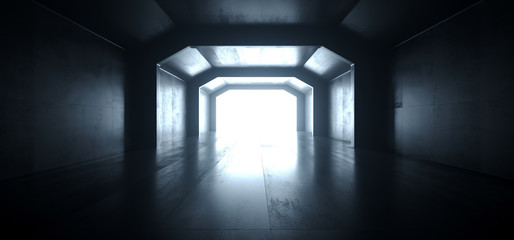 Fototapeta premium Futuristic Sci Fi Elegant Graphic Background Dark Reflective Grunge Concrete Alien Spaceship Tunnel Corridor Hall Room Gallery Garage Lights Glowing Virtual 3D Rendering