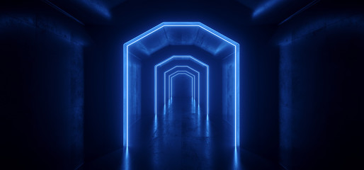 Sci Fi Futuristic Neon Blue Lights Glowing Lasers Tunnel Room Underground Spaceship Dark Empty Grunge Concrete Reflective Virtual Reality Graphic Background 3D Rendering