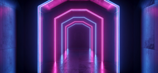 Sci Fi Futuristic Neon Purple Blue Lights Glowing Lasers Tunnel Room Underground Spaceship Dark Empty Grunge Concrete Reflective Virtual Reality Graphic Background 3D Rendering