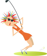 Young golfer woman on the golf course illustration. Cartoon golfer woman aiming to do a good kick isolated on white