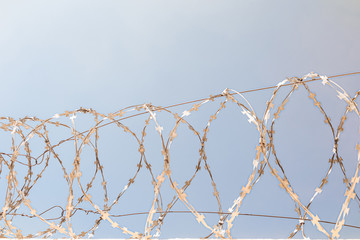 Barbed wire on the fence. Front view. Barbwire on sunny blue sky background. Sun glare on metal.