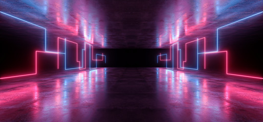 Neon Lights Virtual Sci Fi Futuristic Vibrant Purple Blue Glowing Laser Beam Shapes Dark Grunge Concrete Tunnel Underground Hall Garage Room Gallery Night 3D Rendering