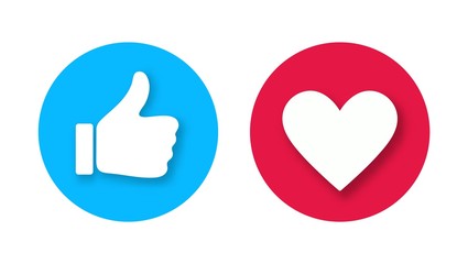 Thumb up and heart icon with falling shadows isolated on white background. Vector like and love icon. Ready like and love button for website and mobile app.