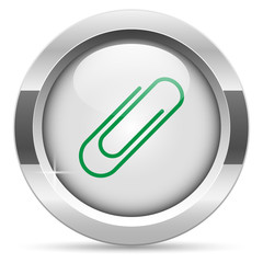 Paperclip icon.White metal internet button. Glass with green icon, vector.