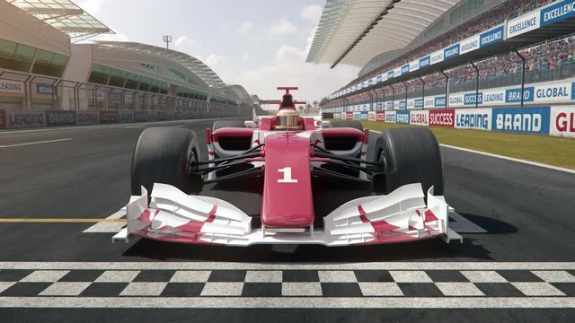 Camera zooms out from generic formula one race car starting from pole position - realistic high quality 3d animation - my own car design - no copyright/trademark infringement
