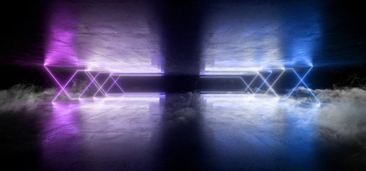Smoke Neon Lights Virtual Sci Fi Futuristic Vibrant Purple Blue Glowing Laser Beam Shapes Dark Grunge Concrete Tunnel Underground Hall Garage Room Gallery Night 3D Rendering