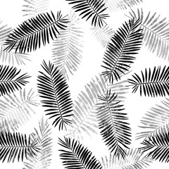 Hand drawn tropical seamless pattern with exotic leaves. Black and white. For background, wallpaper, fabric, gift paper design.