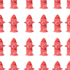 fire hydrant watercolor illustration on white background. Fire safety equipment emergency tools firefighter seamless pattern safe danger accident protection clip art. Colorful red vintage cute style