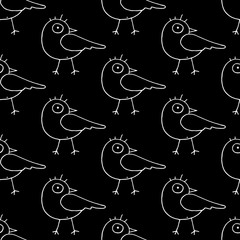 Cute cartoon bird pattern with hand drawn birds. Funny vector black and white bird pattern. Seamless monochrome doodle bird pattern for textile, wallpapers, wrapping paper, cards and web.