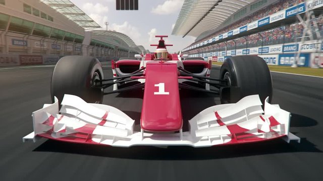 Generic formula one race car driving along the homestretch over the finish line - realistic high quality 3d animation - my own car design - no copyright/trademark infringement