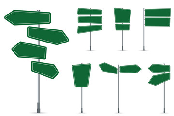 Green blank signs isolated on white background. Road signs.