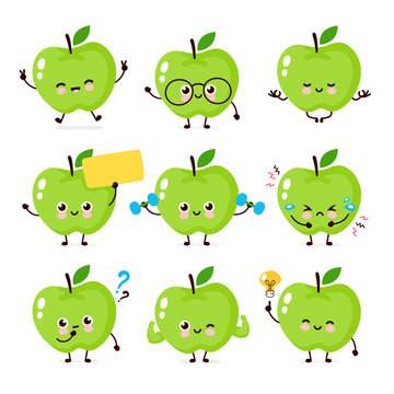 Cute happy smiling apple character set 