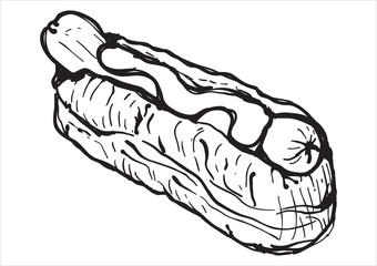 Vector illustration. Hand drawn doodle of hot dog with mustard. Unhealthy food. Cartoon sketch.