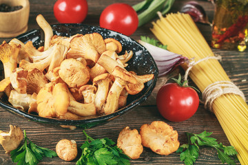 Chanterelle mushrooms for cooking with pasta, tomatoes and herbs