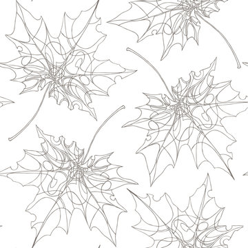 Seamless pattern with linear gray leaves on a white background. Maple - symbol of Canada. 