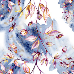 watercolor flowers and branches with leaves on a seamless blue-gold background for use in design, textiles, Wallpaper, wrapping paper