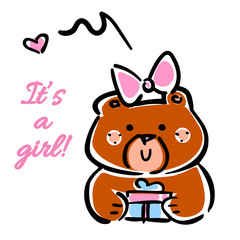 Obraz na płótnie Canvas Vector illustration, line hand drawn brown bear with “It’s a girl” inscription. Applicable for greeting cards, baby announcement cards, baby shower concepts etc.