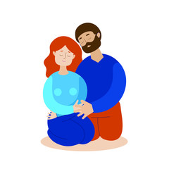 A man and a woman sit on their knees and hug each other. Love, relationships, tenderness. Flat vector on white background