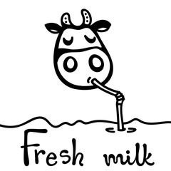 Vector illustration, line cartoon cow drinking milk with straw. Hand drawn, Isolated. With 