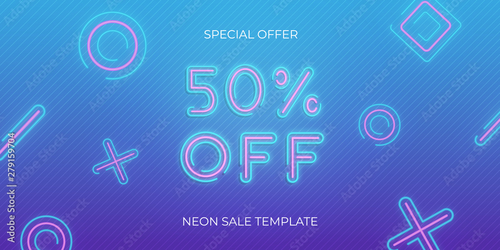 Wall mural Sale banner neon template. Neon sale discount offer