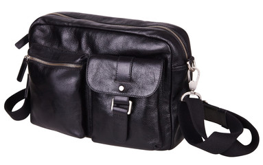 Naklejka premium Black leather shoulder bag for men isolated on white. Men's business accessories. Leather goods for men.