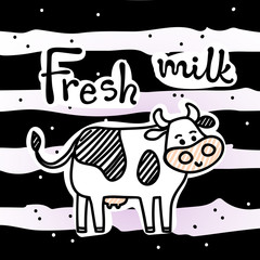 Vector illustration, line cartoon standing cow. Hand drawn, paper (cut) art style, striped background. 