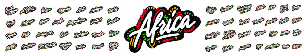 Set of typography African countries. Handwritten design modern brush lettering isolated vector.