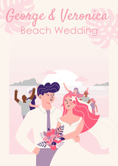 Vertical poster template with happy bride and groom on beach wedding ceremony.  Young couple in wedding costumes cuddling on sunset seashore and having fun with their family members and friends.