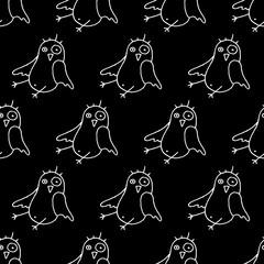 Cute cartoon bird pattern with hand drawn birds. Funny vector black and white bird pattern. Seamless monochrome doodle bird pattern for textile, wallpapers, wrapping paper, cards and web.