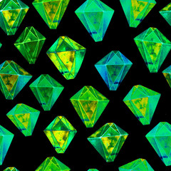 Green gemstones seamless pattern on black background. Fashionable print for your design. Hand painted illustration