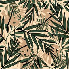 Original abstract seamless pattern with colorful tropical leaves and plants on beige background. Vector design. Jungle print. Flowers background. Printing and textiles. Exotic tropics. Fresh design.
