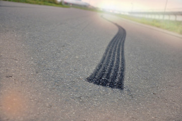 Traces from the tire from emergency braking on asphalt