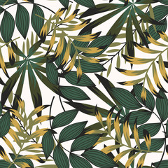 Summer abstract seamless pattern with colorful tropical leaves and plants on white background. Vector design. Jungle print. Flowers background. Printing and textiles. Exotic tropics. Fresh design.