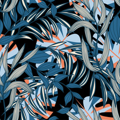 Trending abstract seamless pattern with colorful tropical leaves and plants on black background. Vector design. Jungle print. Flowers background. Printing and textiles. Exotic tropics. Fresh design.