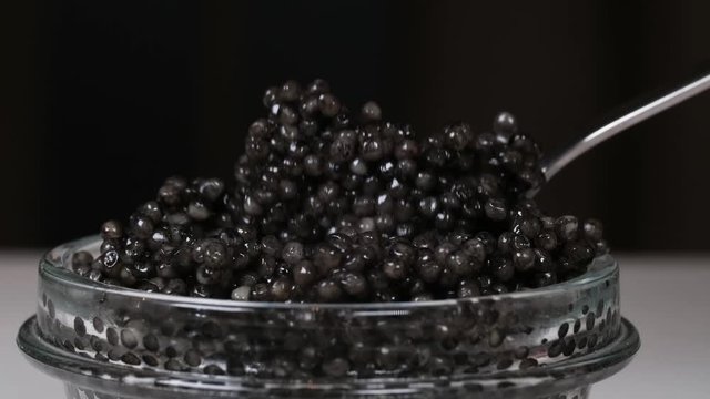 Black Caviar in spoon. High quality real natural sturgeon black caviar close-up. Delicatessen. Texture of expensive luxury caviar square dish on black. Seafood.